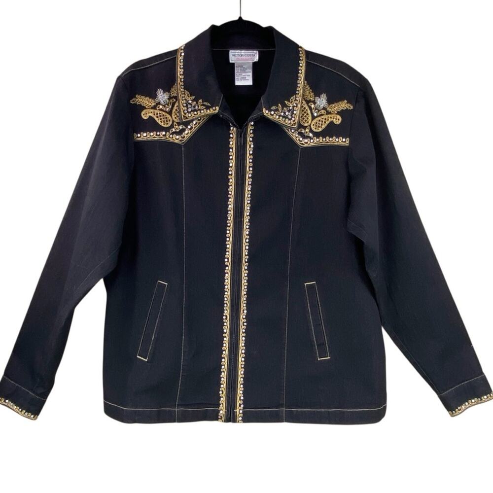 Victor Costa Vintage Black Denim Jacket Size L Gold Embroidery Sequins